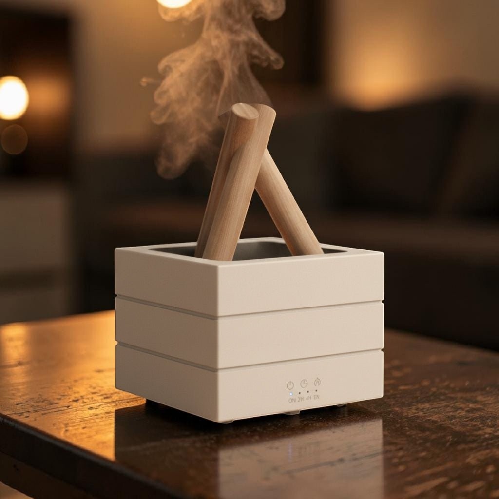 Glow & Drift Bonfire Flame Aroma Diffuser with wooden log design emitting a calming mist on a wooden table.