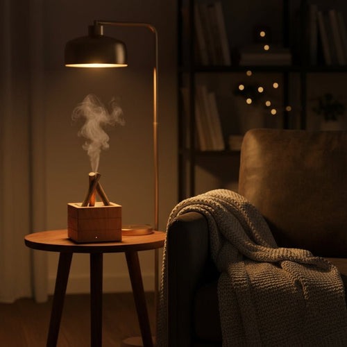 Glow & Drift Bonfire Flame Aroma Diffuser on a wooden side table emitting a gentle mist with a cozy fireplace effect.