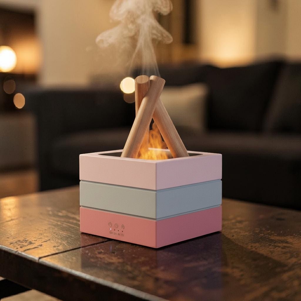 Glow & Drift Bonfire Flame Aroma Diffuser with pastel stacked base, wooden logs, and glowing mist on a wooden table.