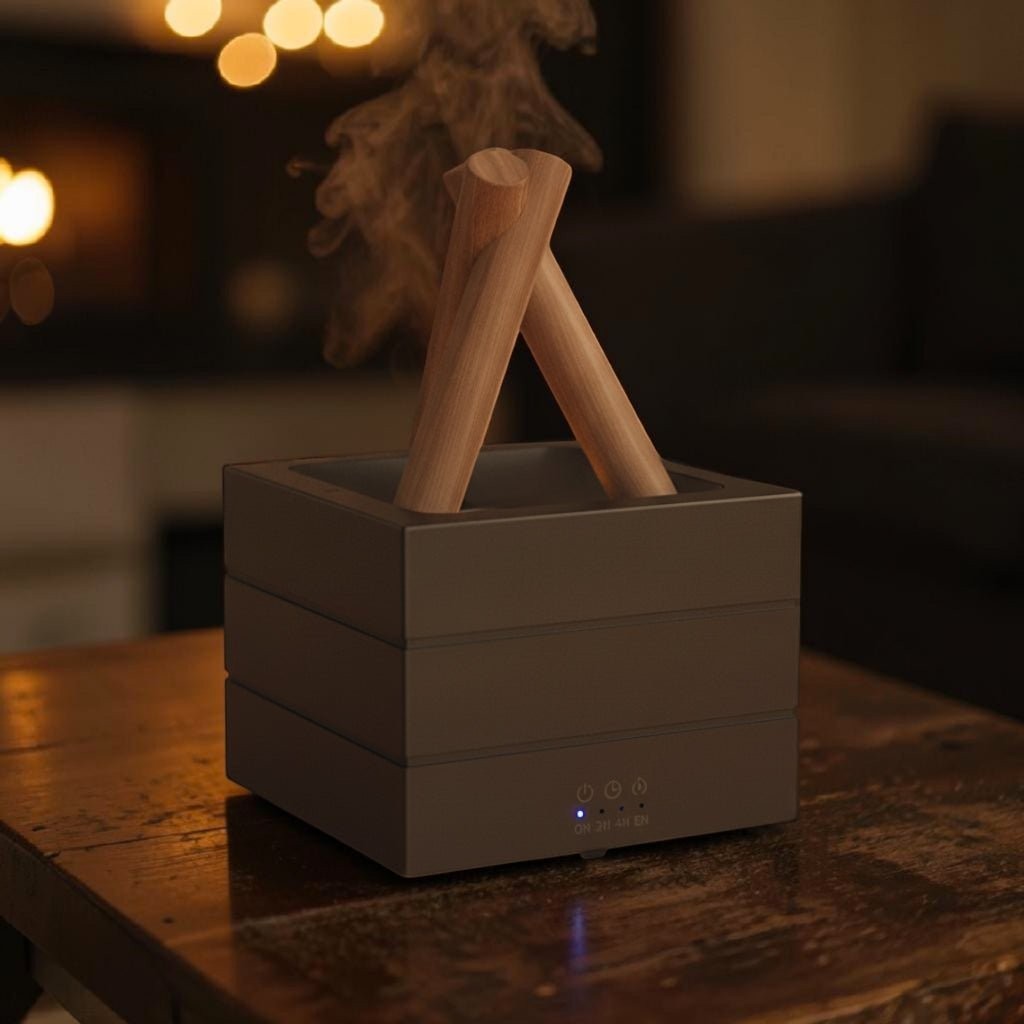 Glow & Drift Bonfire Flame Aroma Diffuser with wooden log design emitting a calming mist on a wooden table.