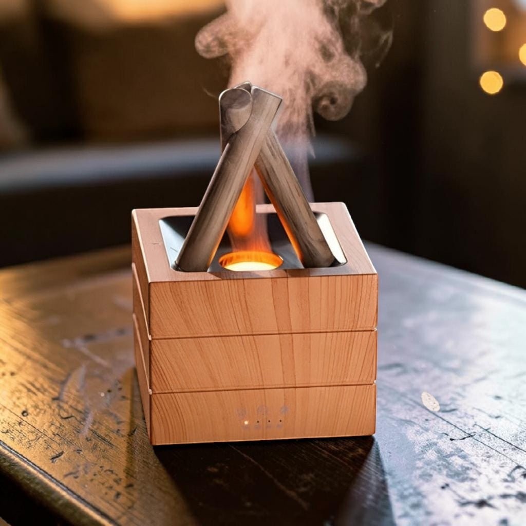 Glow & Drift Bonfire Flame Aroma Diffuser with wood-grain finish and realistic LED fire effect misting on a table.