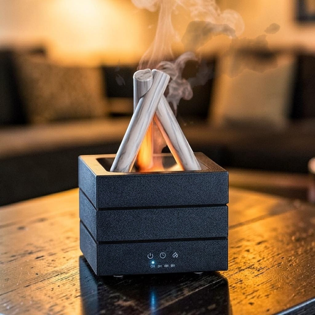 Glow & Drift Bonfire Flame Aroma Diffuser with a black square base and realistic log design emitting a warm mist.