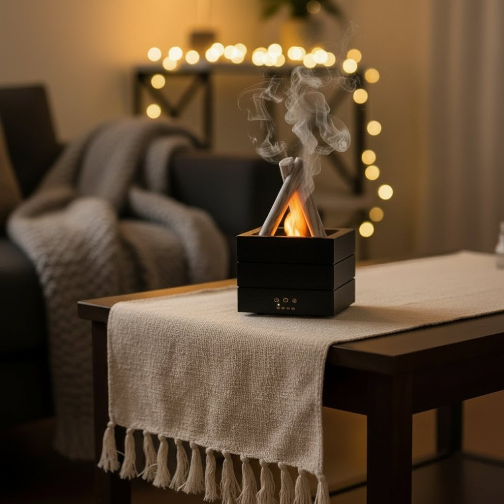 Glow & Drift Bonfire Flame Aroma Diffuser with a realistic fire effect and mist on a wooden table in a cozy room.