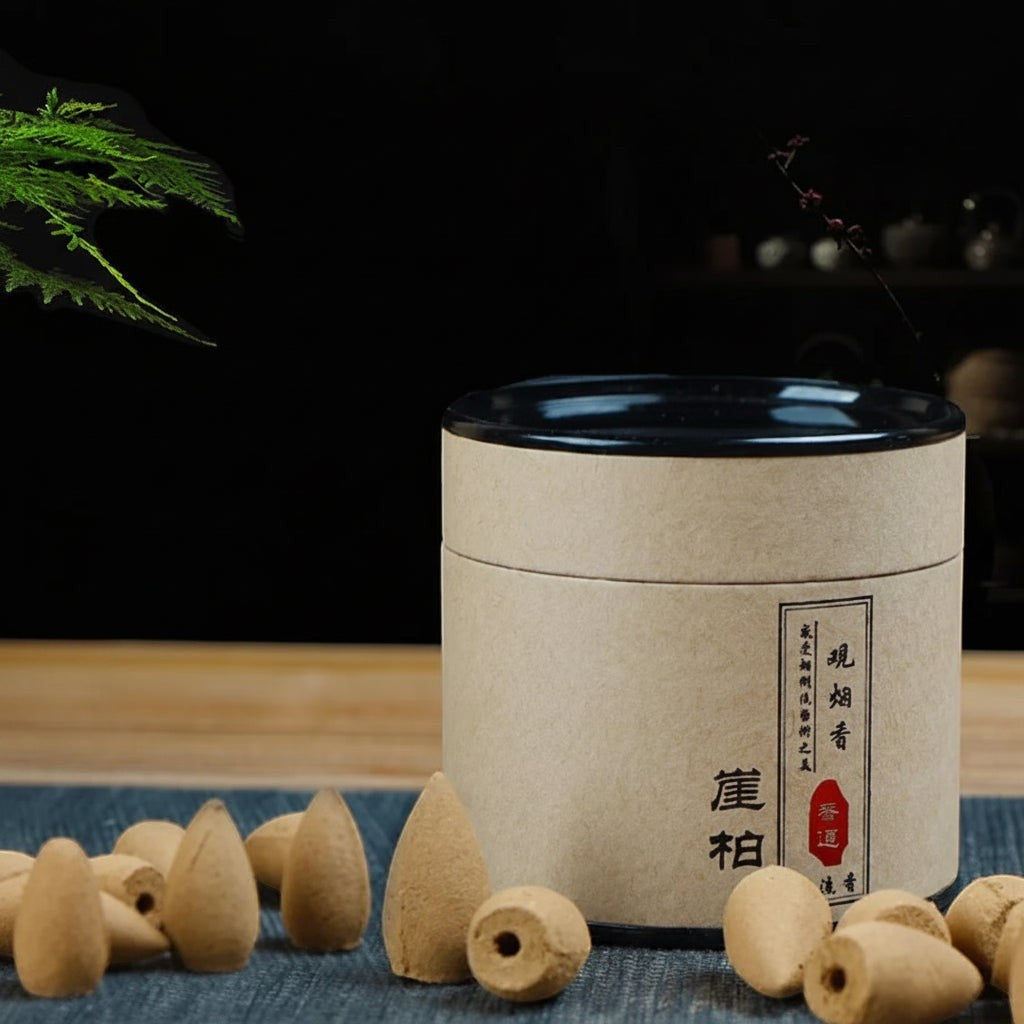 Glow & Drift botanical incense canister with natural wood backflow cones on a blue cloth surface