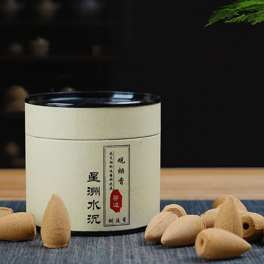 Glow & Drift botanical incense canister with natural wood backflow cones on a dark textured surface