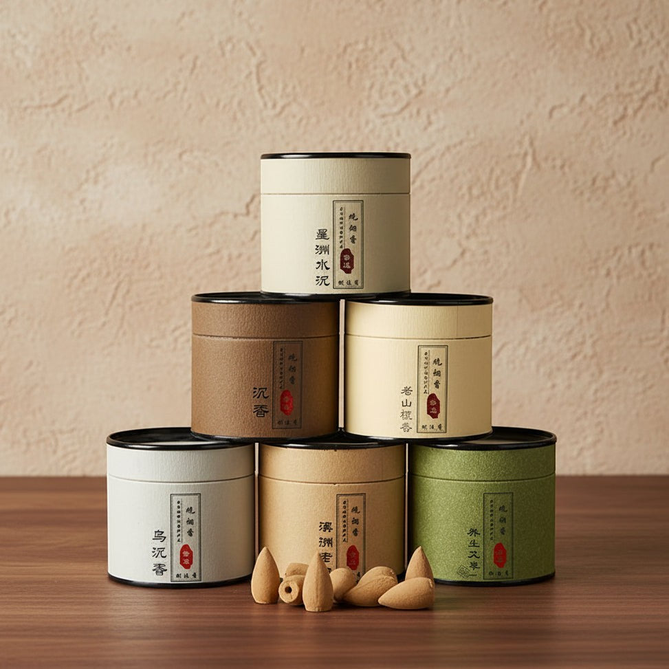 Glow & Drift botanical incense canisters in a stacked display with natural wood backflow cones on a wooden table.
