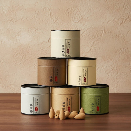 Glow & Drift botanical incense canisters in a stacked display with natural wood backflow cones on a wooden table.