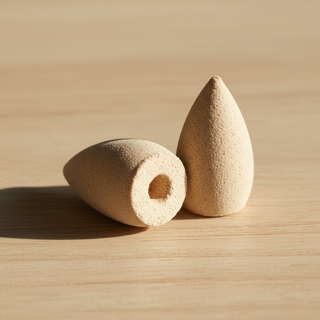 Glow & Drift natural wood powder backflow incense cones with hollow cores for cascading smoke on a wooden surface