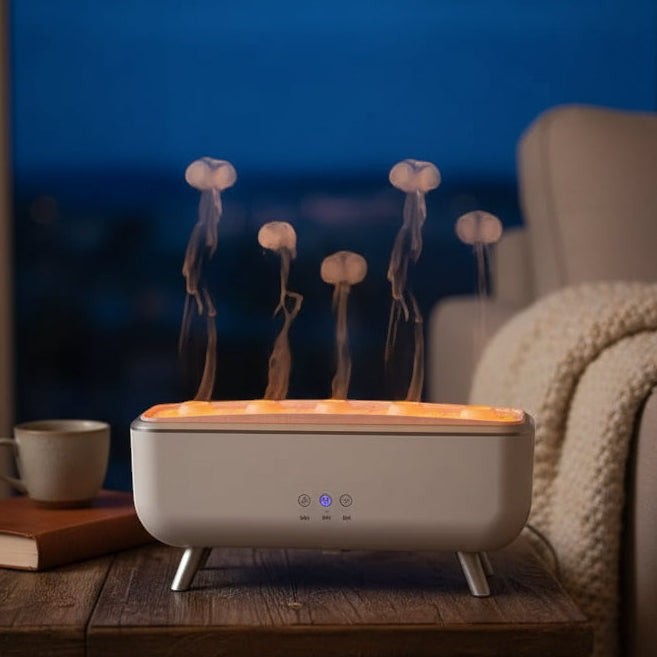 Glow & Drift Caldera volcanic aroma diffuser with five nozzles emitting rhythmic jellyfish-shaped mist in a cozy room.