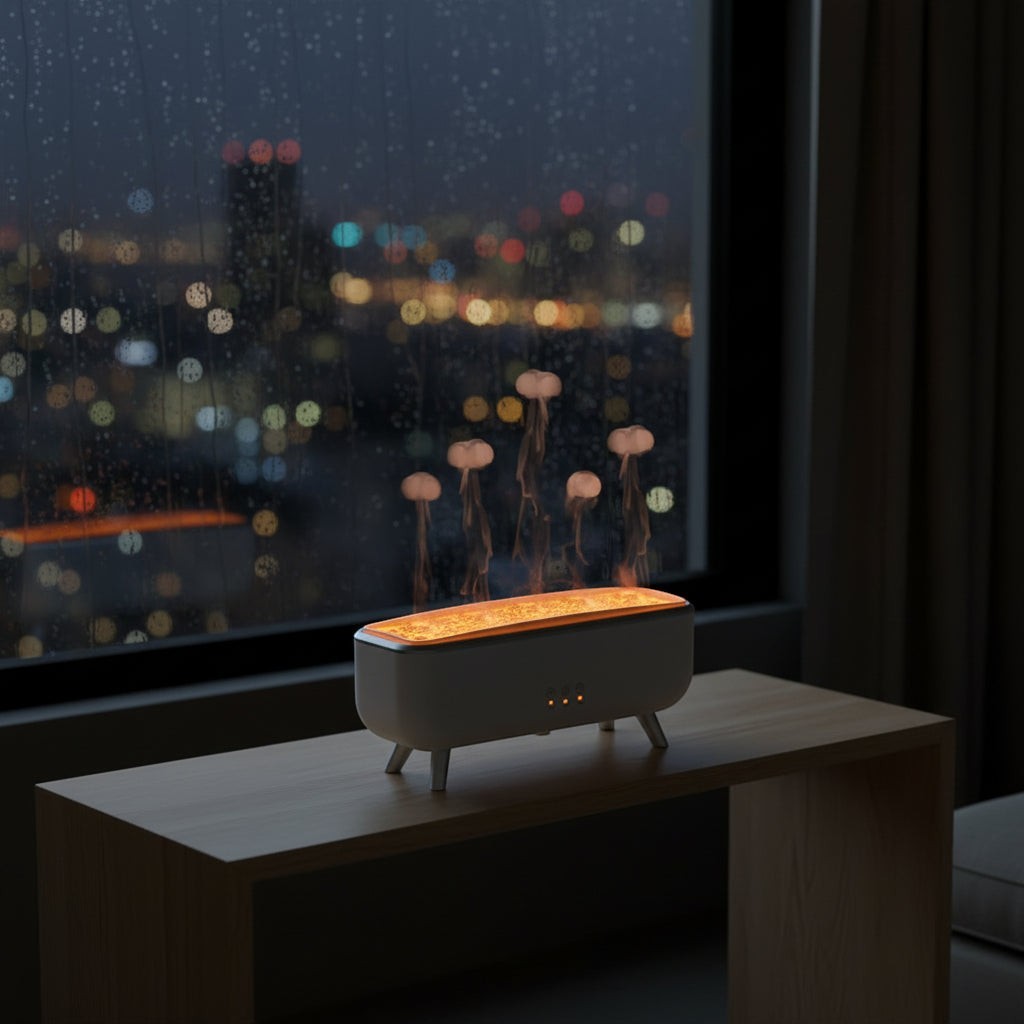 Glow & Drift Caldera volcanic aroma diffuser with jellyfish mist effect and warm ambient lighting on a wooden table.