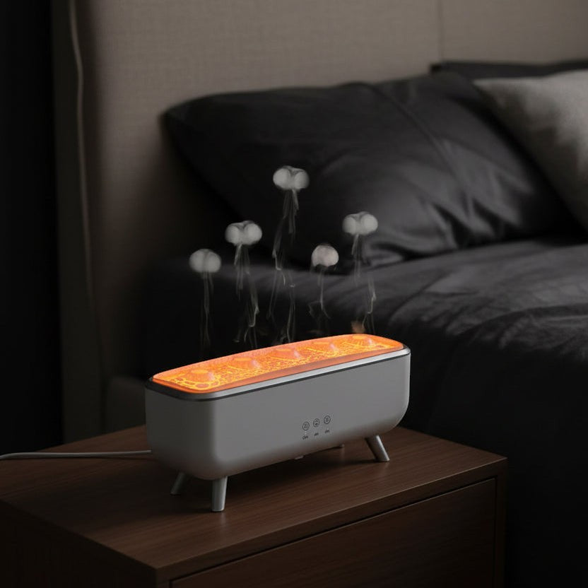 Glow & Drift Caldera volcanic aroma diffuser on a bedside table emitting jellyfish-shaped mist with warm orange light.