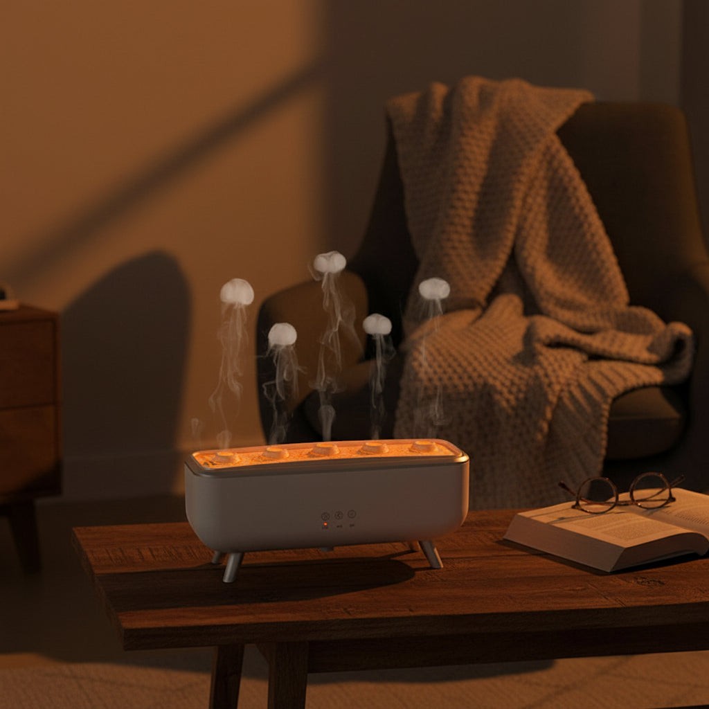 Glow & Drift Caldera volcanic aroma diffuser with five nozzles emitting jellyfish-shaped mist on a wooden table.
