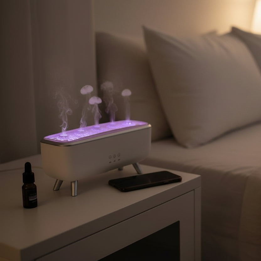 Glow & Drift Caldera volcanic aroma diffuser with jellyfish mist effect and ambient purple lighting on a bedside table.