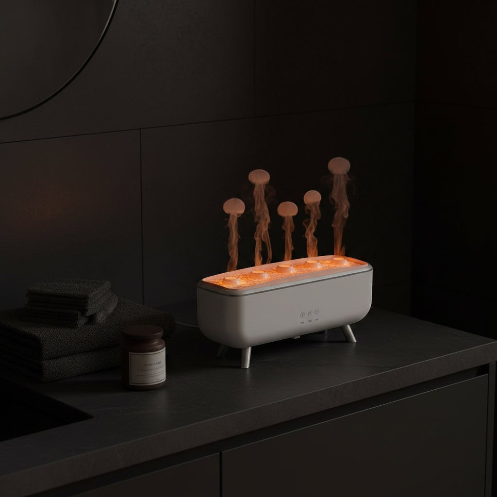 Glow & Drift Caldera volcanic aroma diffuser emitting jellyfish-shaped mist with warm ambient lighting on a dark counter.