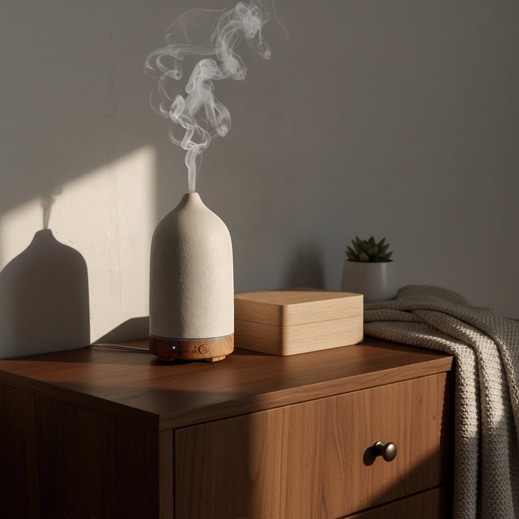 Glow & Drift Serene Stone ceramic essential oil diffuser with wood base emitting mist on a dark walnut nightstand.