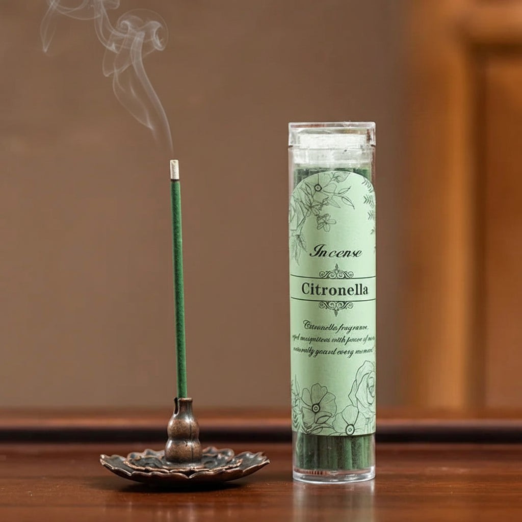 Glow & Drift green citronella incense stick burning in a bronze lotus holder next to a clear storage tube.