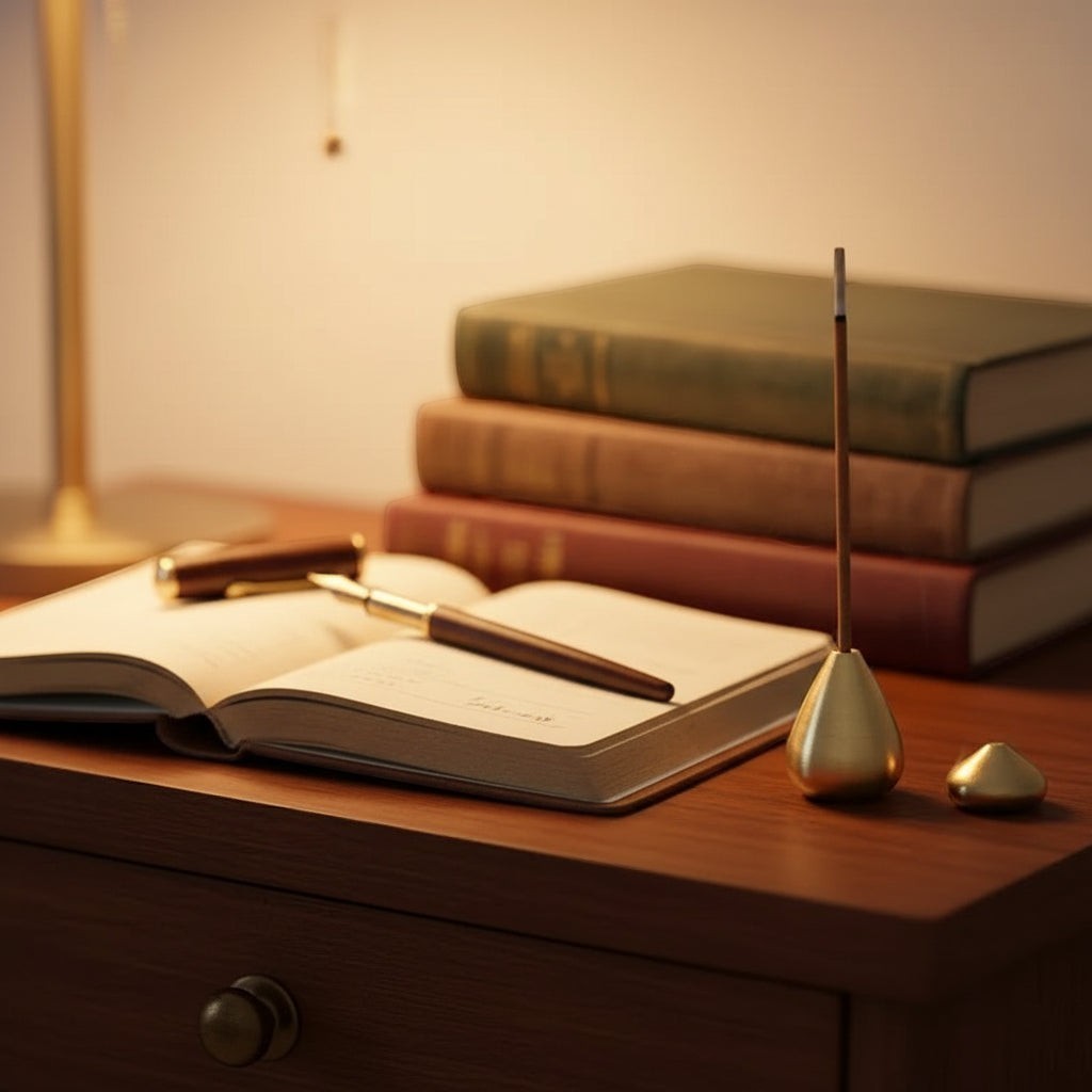 Glow & Drift solid copper gourd incense holder on a wooden desk next to an open notebook and a stack of books.