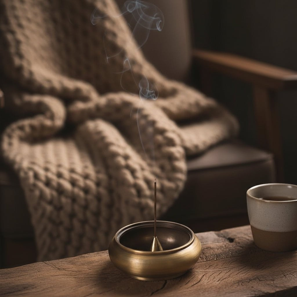 Glow & Drift solid copper gourd incense holder on a rustic wooden table with a steaming incense stick and cozy blanket.