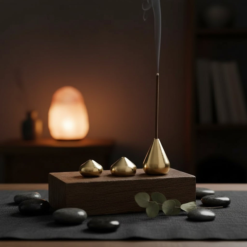 Glow & Drift solid copper gourd incense holder set with a burning incense stick on a wooden block with zen stones.