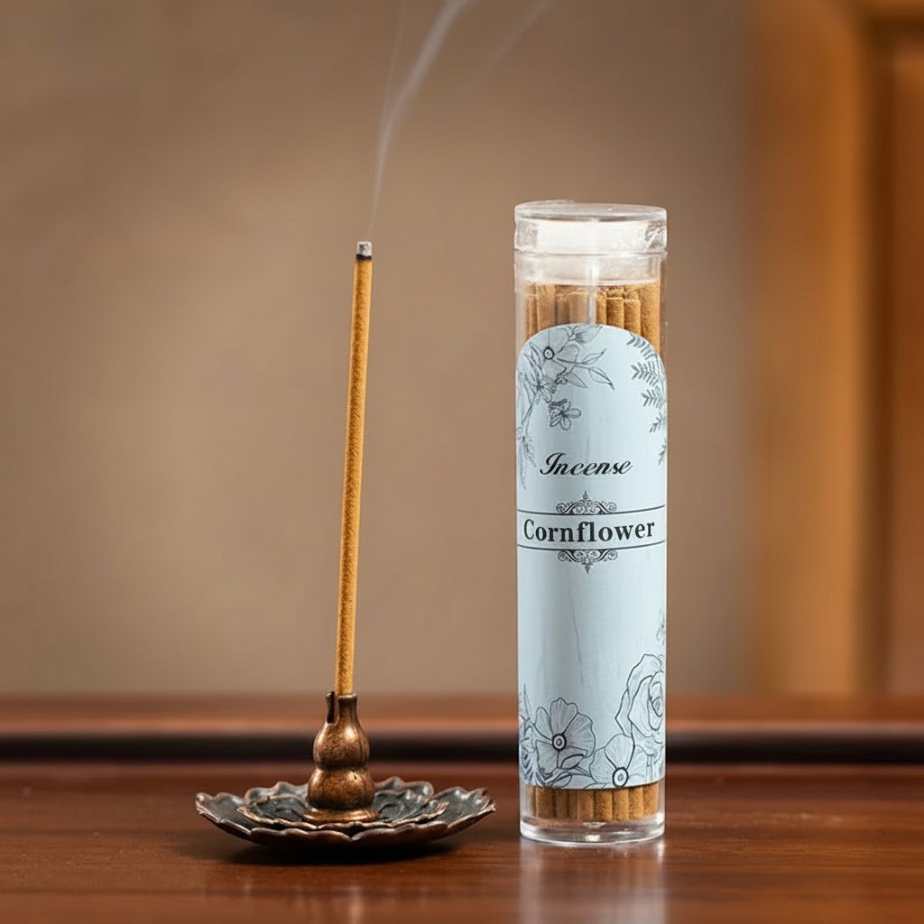Glow & Drift Cornflower incense sticks burning in a bronze holder next to a clear storage tube on a wooden table.