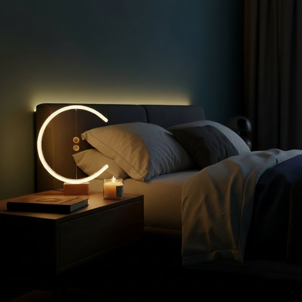 Glow & Drift Crescent Magnetic Balance Lamp with a glowing LED loop and wooden spheres on a modern bedside table.