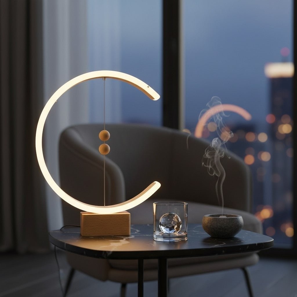 Glow & Drift Crescent Magnetic Balance Lamp with a glowing LED loop and floating wooden spheres on a marble side table.