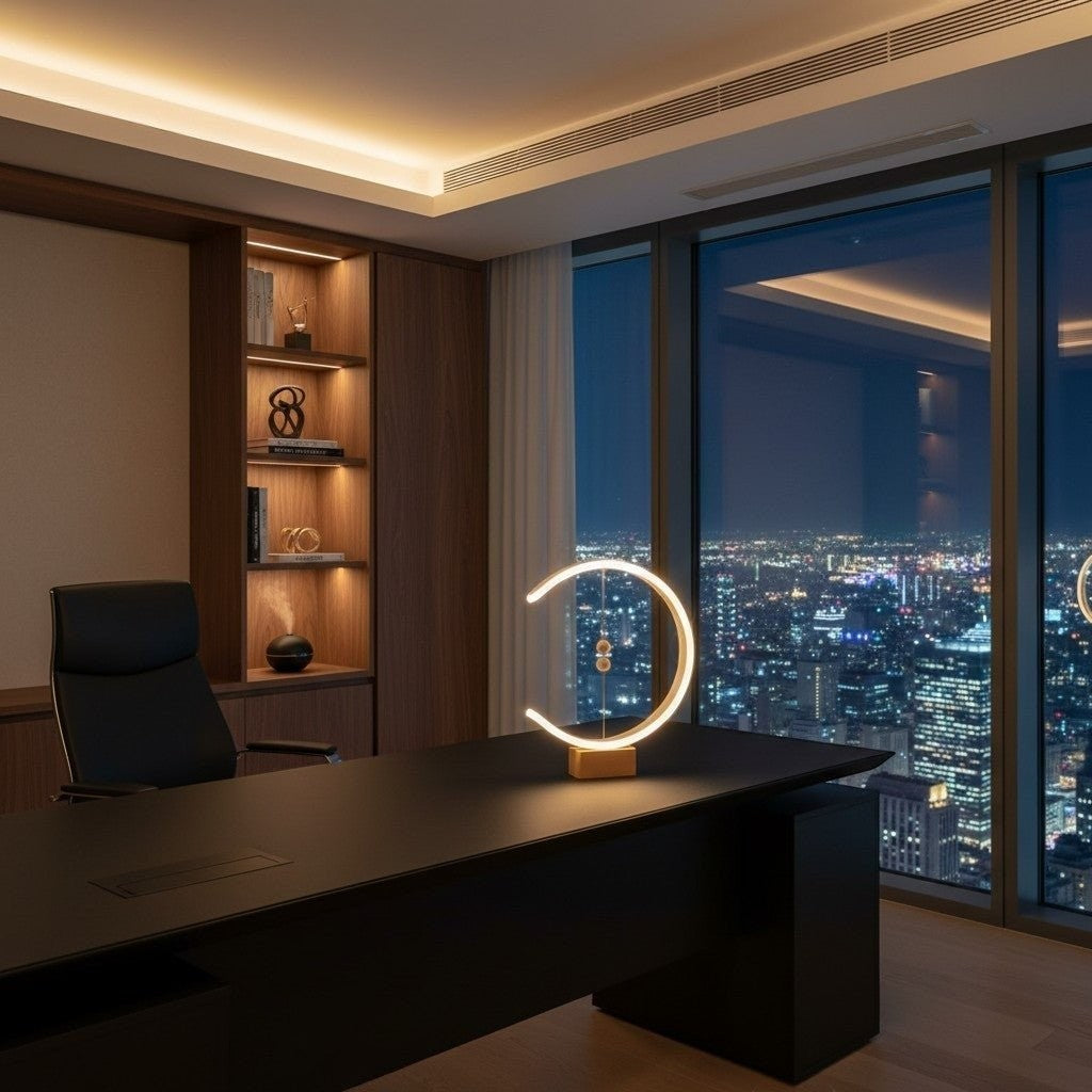 Glow & Drift Crescent Magnetic Balance Lamp with a warm LED glow on a modern office desk overlooking a city skyline.