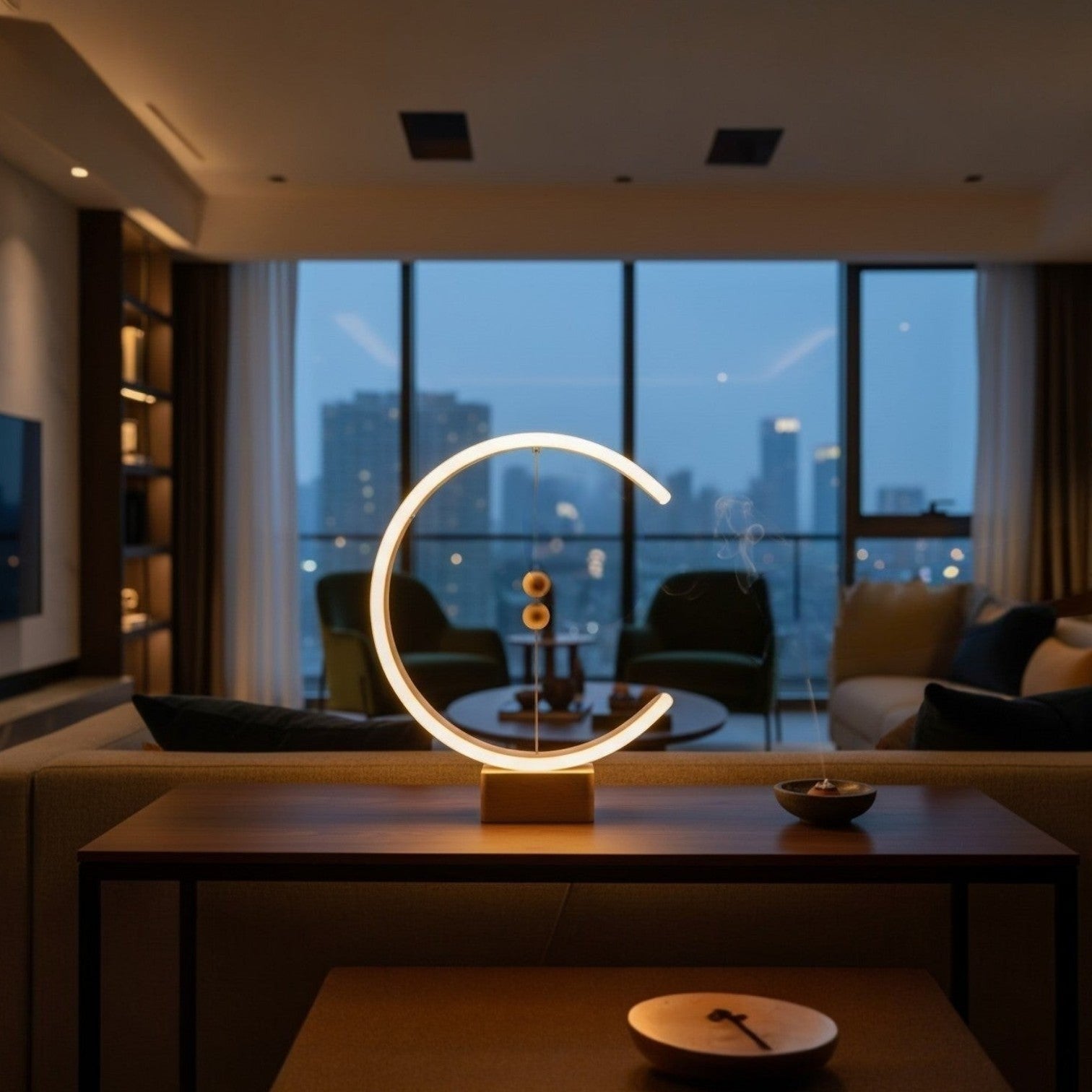 Glow & Drift Crescent Magnetic Balance Lamp with a glowing LED loop and floating wooden spheres on a modern desk.