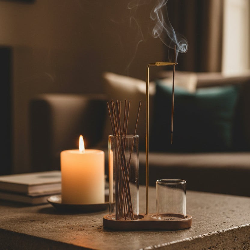 Glow & Drift Solstice Dual Glass Incense Station with wooden base, glass cylinders, and suspended burning incense.