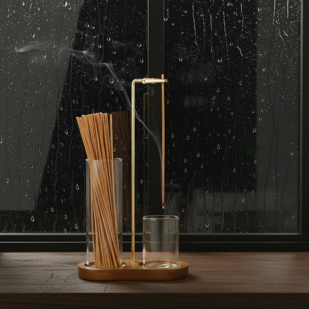 Glow & Drift Solstice Dual Glass Incense Station with wooden base, glass cylinders, and suspended burning incense stick.