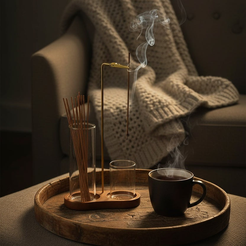 Glow & Drift Solstice Dual Glass Incense Station with wooden base, glass cylinders, and suspended burning incense stick.