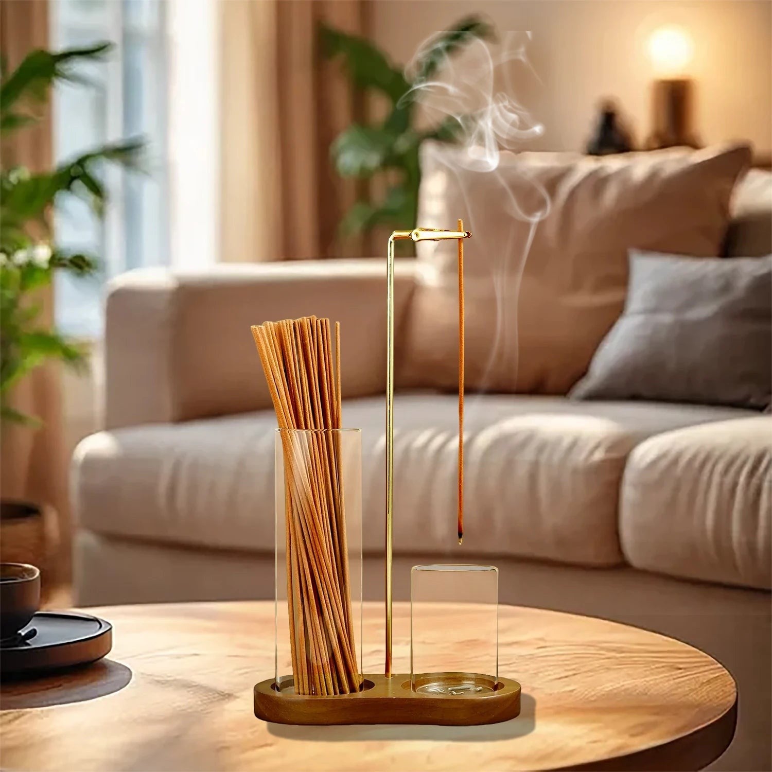 Glow & Drift Solstice Dual Glass Incense Station with wooden base, glass storage, and suspended metal clip burner.