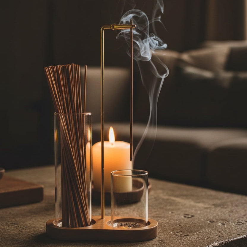 Glow & Drift Solstice Dual Glass Incense Station with wooden base, glass cylinders, and suspended burning incense stick.