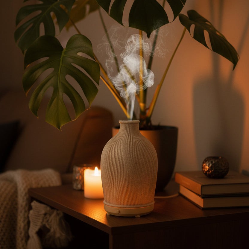 Glow & Drift Earthen Vase aroma diffuser with ribbed resin texture emitting mist on a wooden table with a plant.
