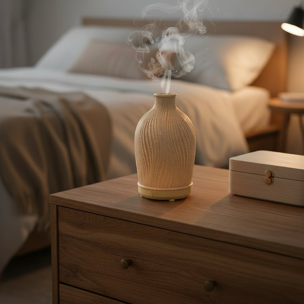 Glow & Drift Earthen Vase Aroma Diffuser with ribbed resin texture emitting a soothing mist on a wooden nightstand.