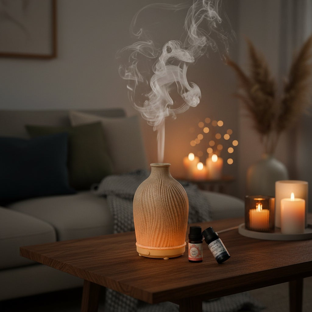 Glow & Drift Earthen Vase aroma diffuser with ribbed resin texture emitting mist on a wooden table with essential oils.