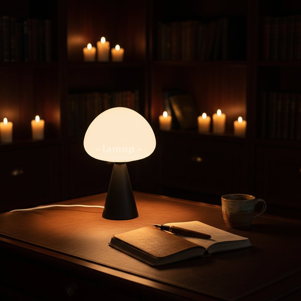 Glow & Drift Eclipse Contrast mushroom lamp with a matte black iron base and glowing glass dome on a desk.