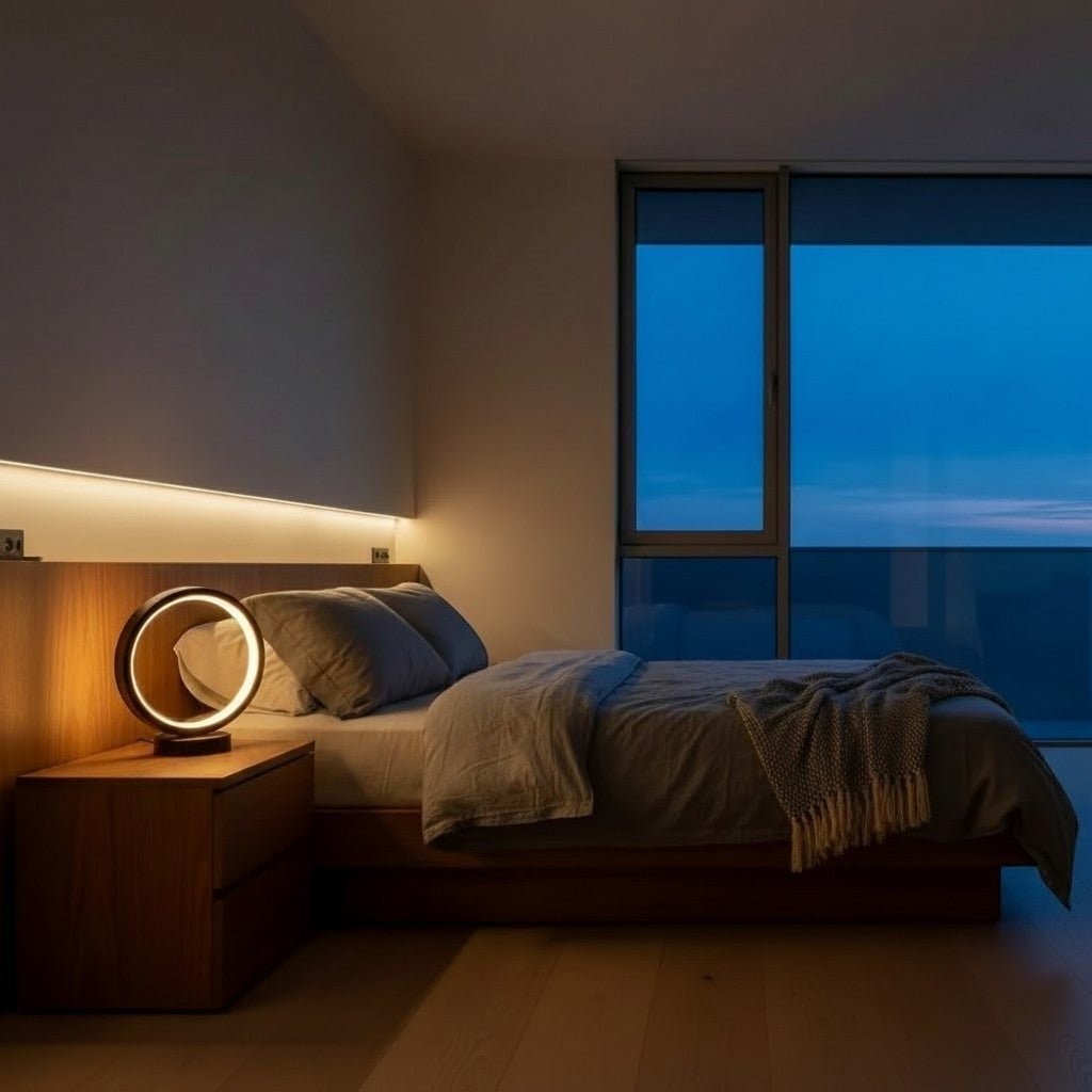 Glow & Drift Eclipse Minimalist Halo Lamp with matte black circular frame emitting warm light on a wooden nightstand.