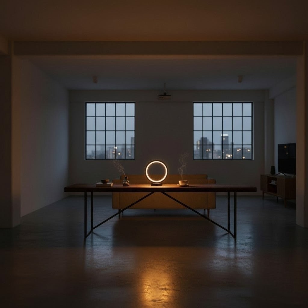 Glow & Drift Eclipse Minimalist Halo Lamp with warm circular LED glow on a wooden table in a modern living room