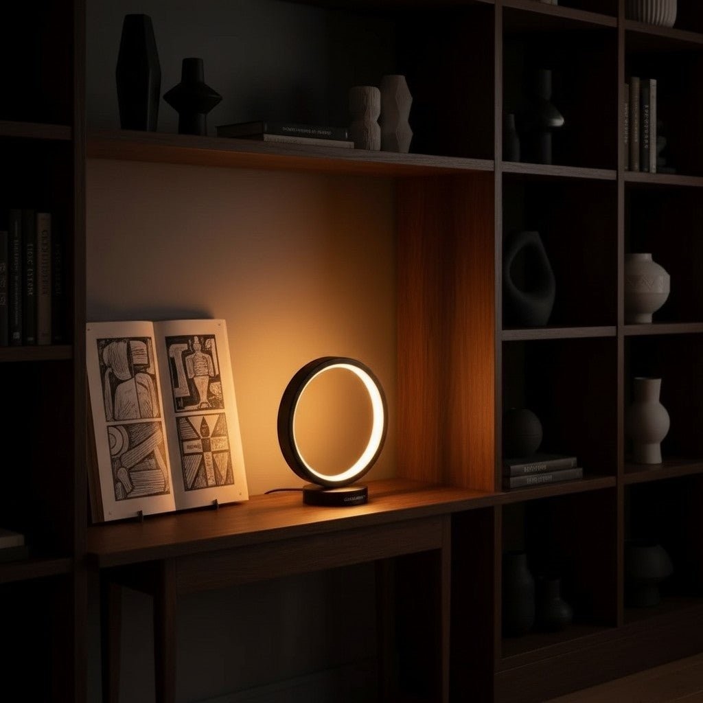 Glow & Drift Eclipse Minimalist Halo Lamp with a matte black circular frame emitting a warm amber glow on a bookshelf.
