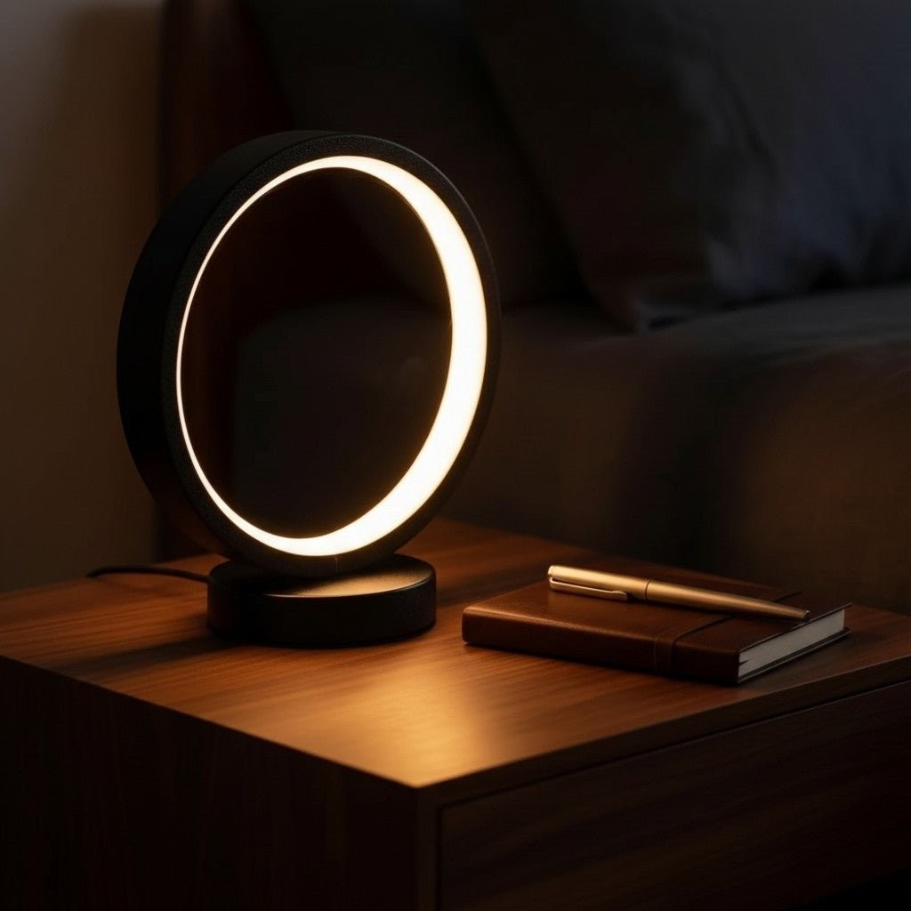 Glow & Drift Eclipse minimalist circular LED halo lamp in matte black on a wooden nightstand with warm ambient light.
