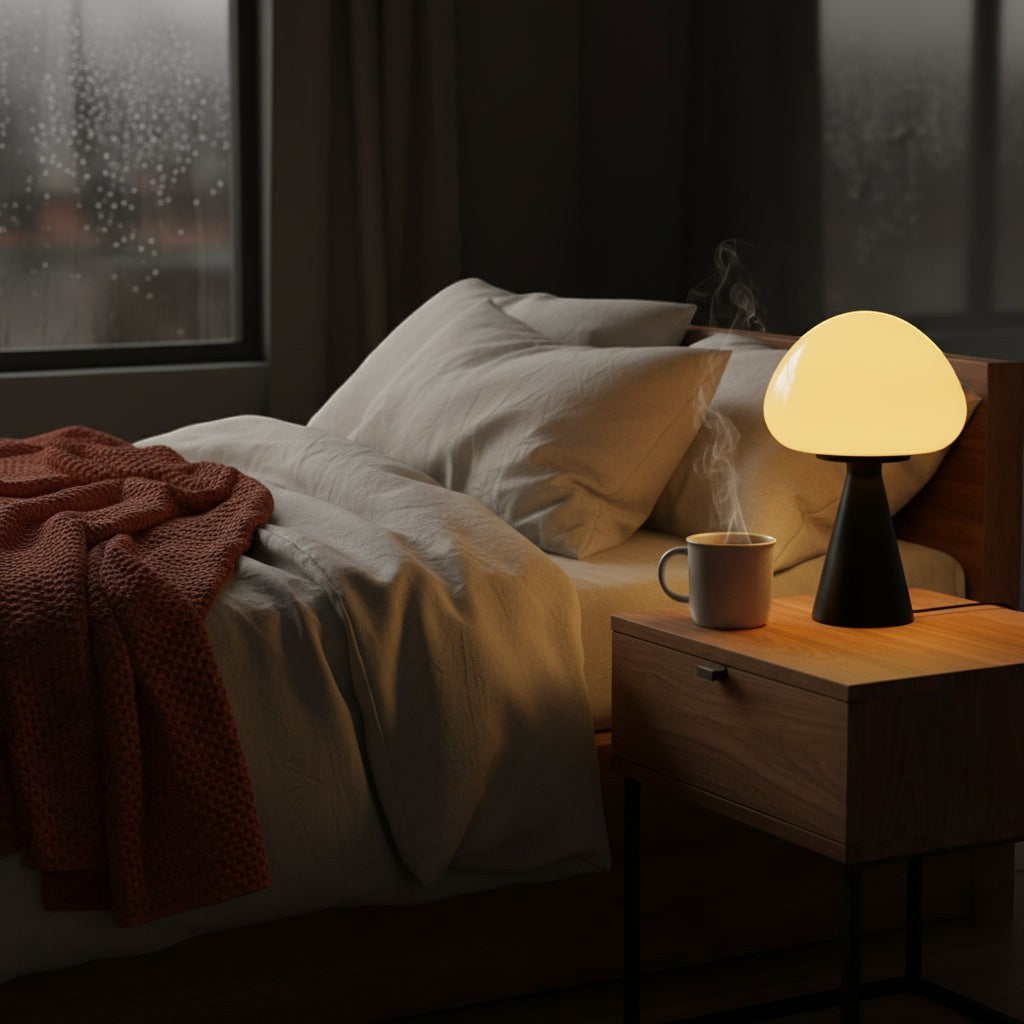 Glow & Drift Eclipse mushroom lamp with matte black base and glowing glass dome on a wooden nightstand in a bedroom.