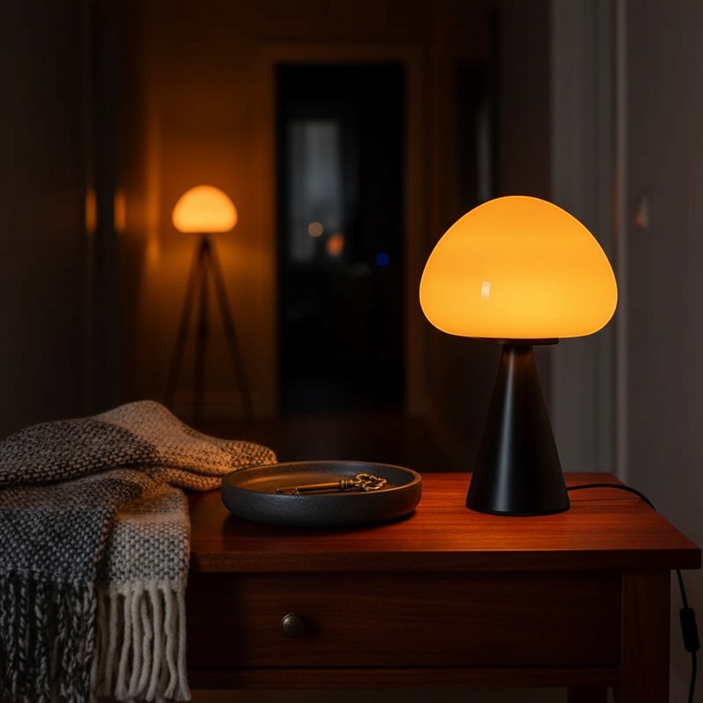 Glow & Drift Eclipse mushroom lamp with matte black base and glowing amber glass dome on a wooden nightstand