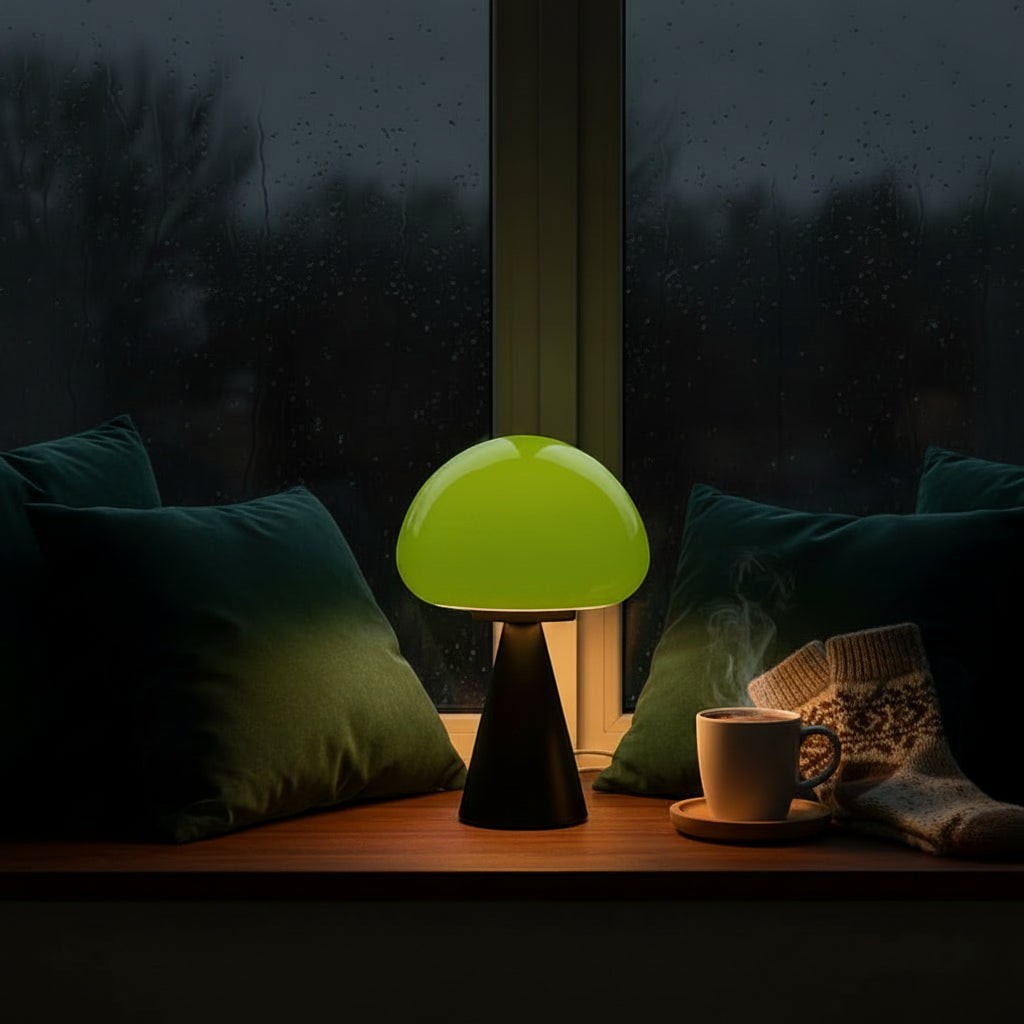 Glow & Drift Eclipse mushroom lamp with a lime green glass dome and matte black iron base on a cozy windowsill.