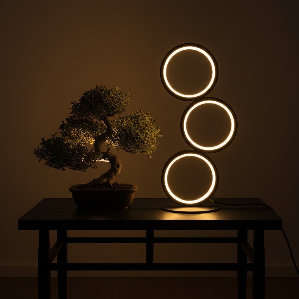 Glow & Drift Eclipse Triple Ring Table Lamp with warm LED glow on a dark table next to a small bonsai tree.