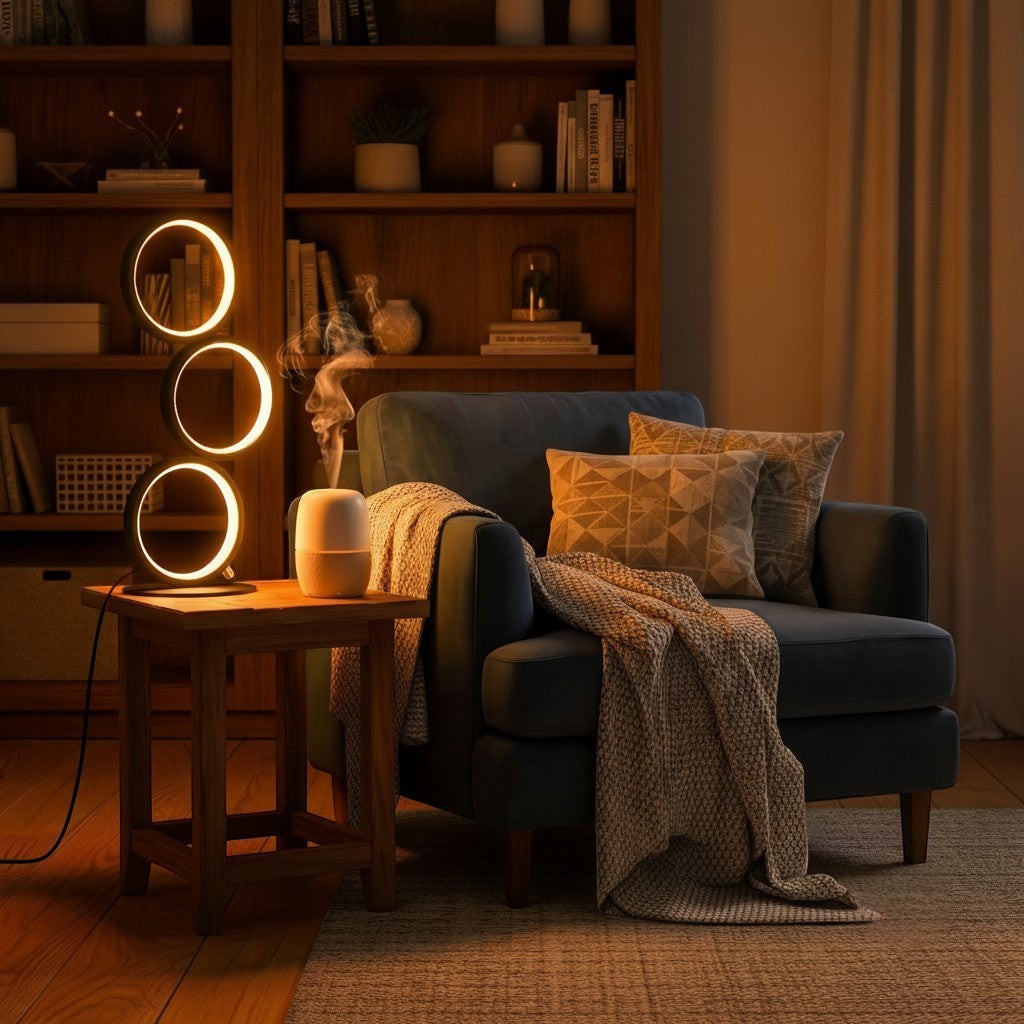Glow & Drift Eclipse Triple Ring Table Lamp with modern sculptural design on a wooden side table next to an armchair.