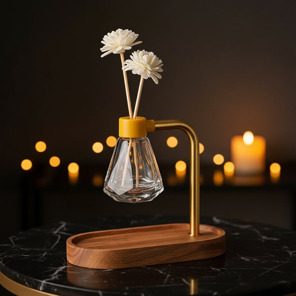 Glow & Drift Elara suspended reed diffuser with acacia wood base, brass arm, and diamond-faceted glass vessel on marble