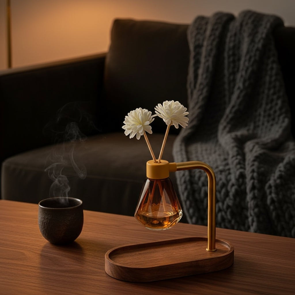 Glow & Drift Elara suspended reed diffuser with acacia wood base, brass arm, and diamond glass vessel on a table.