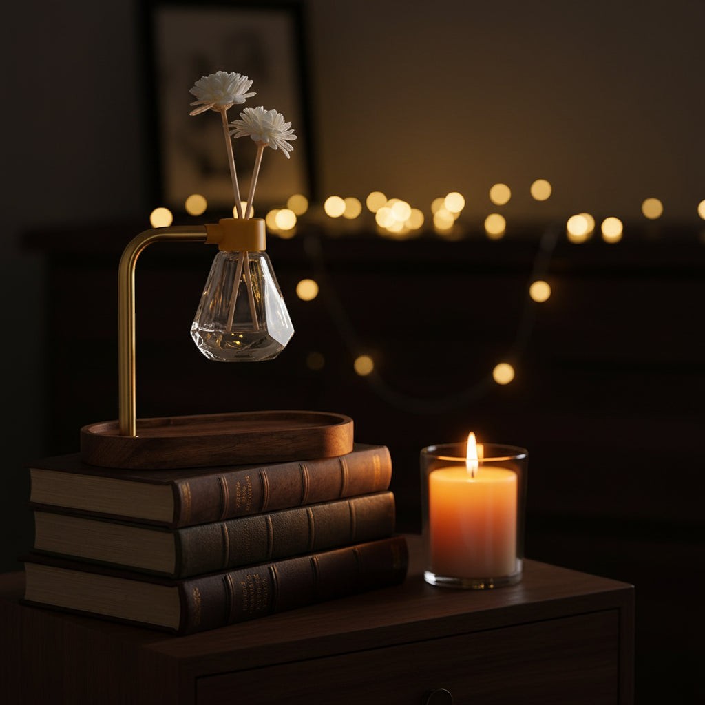 Glow & Drift Elara suspended reed diffuser with acacia wood base and brass arm on a stack of books with a candle.