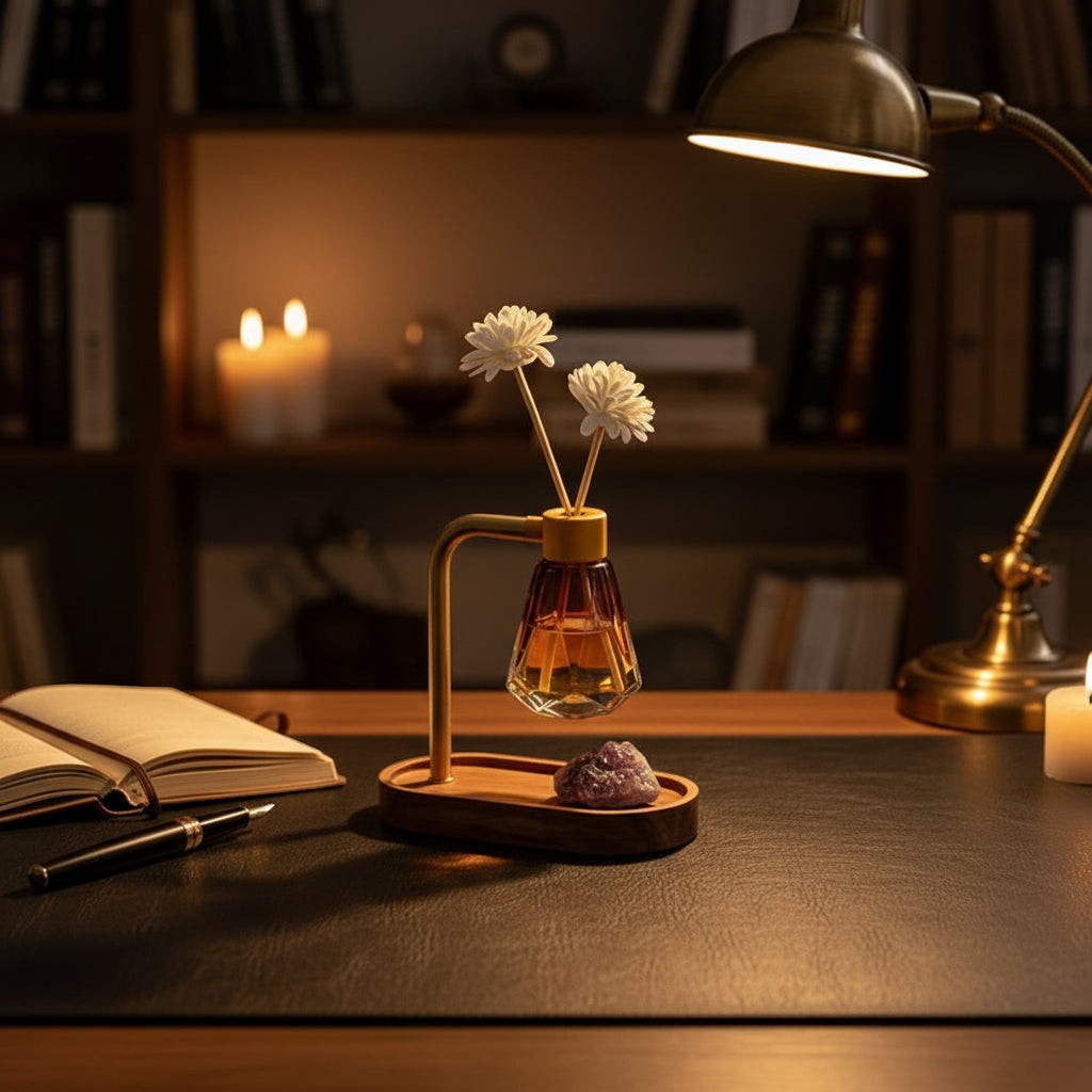 Glow & Drift Elara suspended reed diffuser with acacia wood base, brass arm, and faceted glass vessel on a desk.